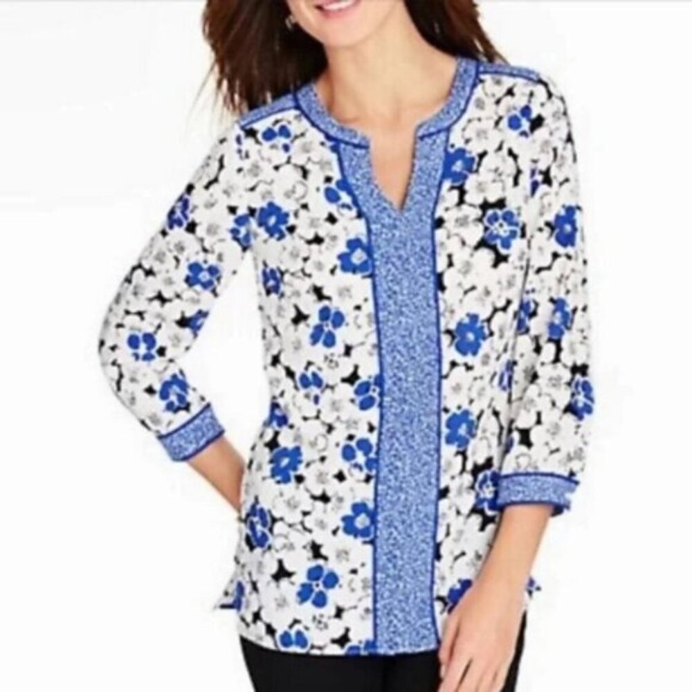 Talbots Blue Floral Blouse 3/4 Sleeves
